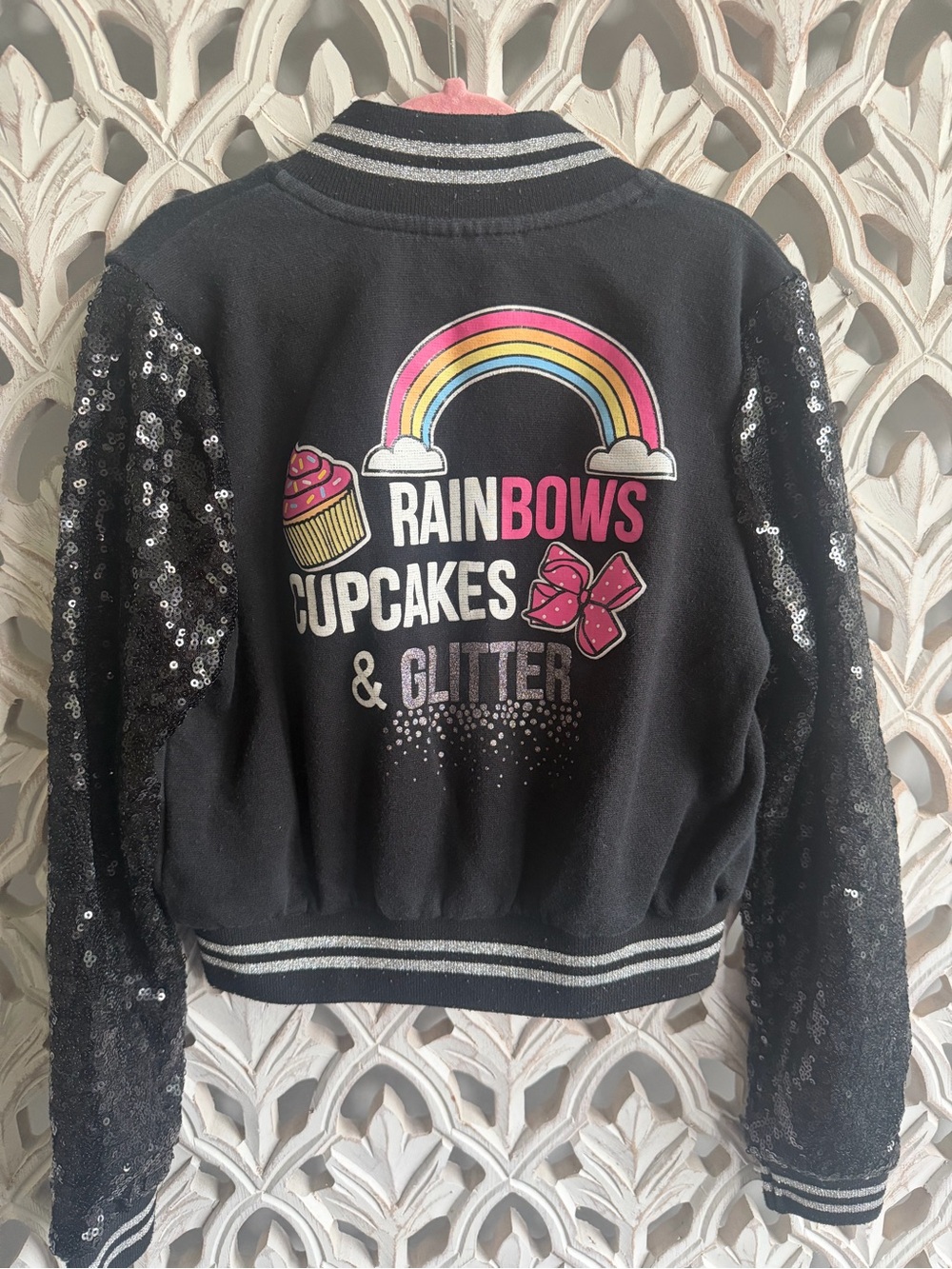 JoJo Siwa Kids Sequin Bomber Jacket Black Rainbows Cupcakes Glitter Size XS